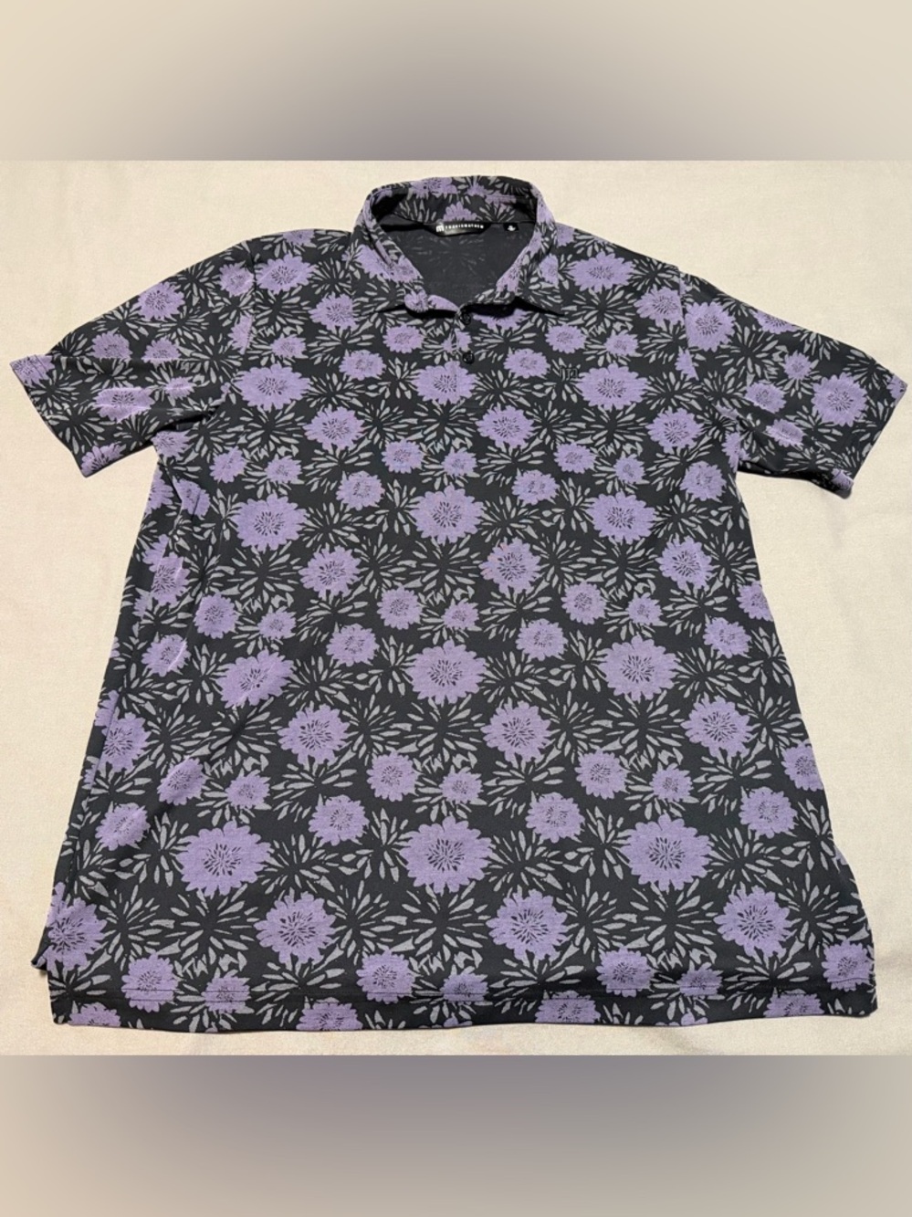 Travis Mathew Polo Shirt Black & Purple Floral Print Golf Performance Men’s XL